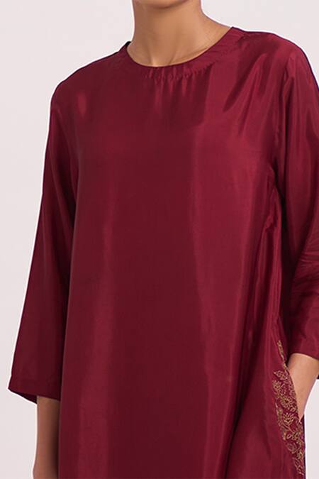 Shop_Dot_Maroon Cotton Silk Resham And Zari Work Round Asymmetric Kurta & Pant Set _Online_at_Aza_Fashions