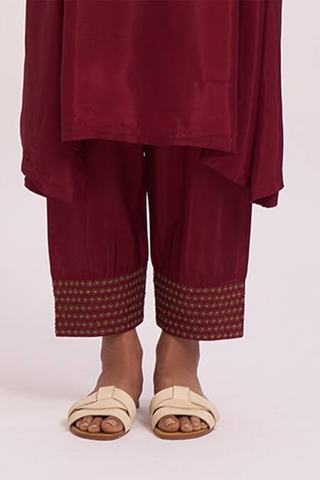 Dot_Maroon Cotton Silk Resham And Zari Work Round Asymmetric Kurta & Pant Set _at_Aza_Fashions