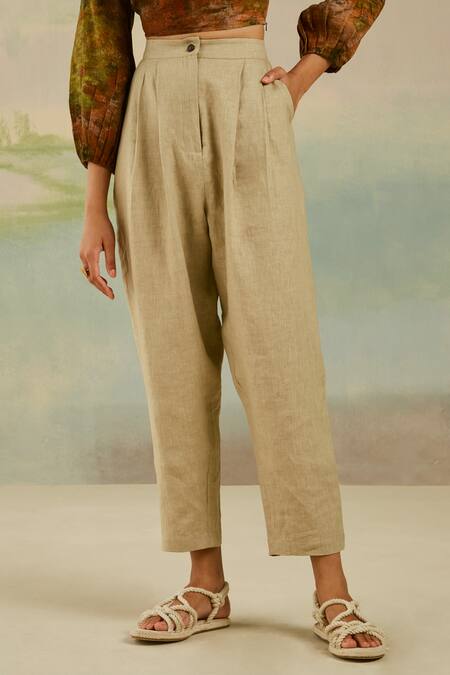 Cord_Beige Linen Poet Pants_Online_at_Aza_Fashions