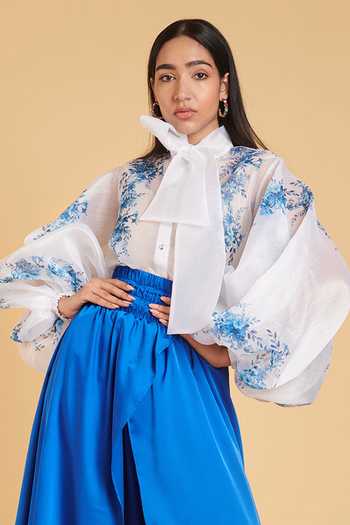 Siddartha Tytler_White Organza Floral Tie-up Balloon Sleeve Print Shirt _Online_at_Aza_Fashions