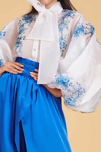 Buy_Siddartha Tytler_White Organza Floral Tie-up Balloon Sleeve Print Shirt _Online_at_Aza_Fashions