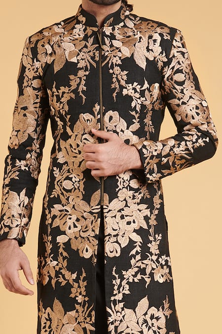 Siddartha Tytler_Black Matka Silk Floral Embroidered Sherwani _Online_at_Aza_Fashions