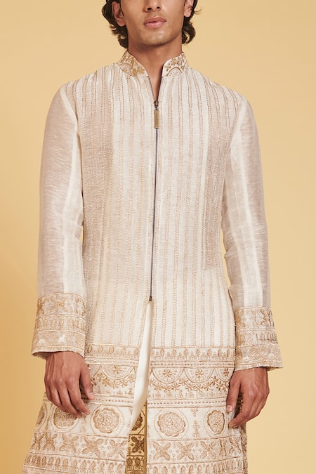 Siddartha Tytler_White Chanderi Floral Embroidered Sherwani _Online_at_Aza_Fashions