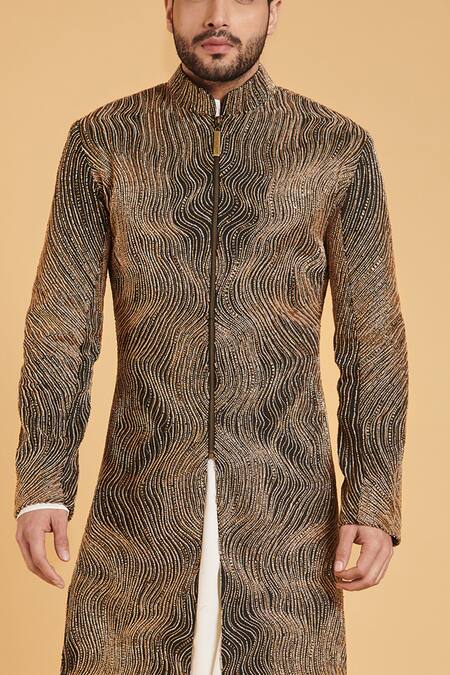 Siddartha Tytler_Black Matka Silk Embroidered Front Zipper Sherwani _Online_at_Aza_Fashions