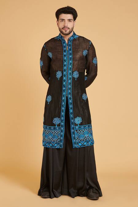 Siddartha Tytler Black Chanderi Floral Embroidered Sherwani