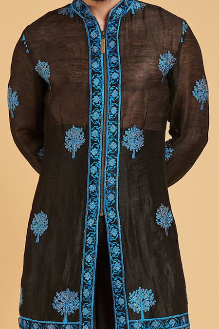 Siddartha Tytler_Black Chanderi Floral Embroidered Sherwani _Online_at_Aza_Fashions