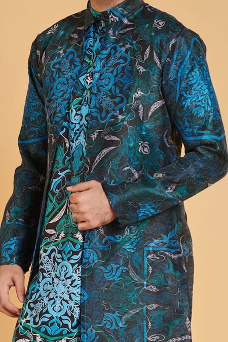 Siddartha Tytler_Black Organza, Satin Plant Print Achkan And Dhoti Pant Set_Online_at_Aza_Fashions