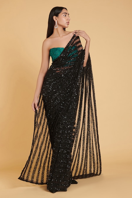 Siddartha Tytler Black Striped Sequin Saree Set 