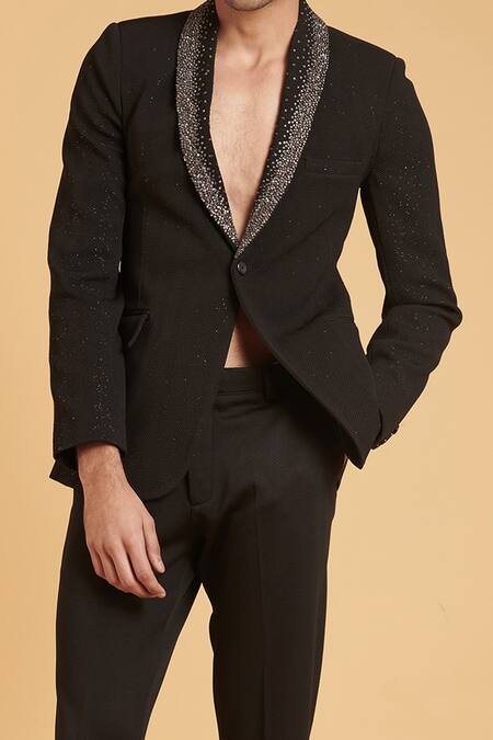 Siddartha Tytler_Black Knit Crystal Shawl Lapel Suit_Online_at_Aza_Fashions