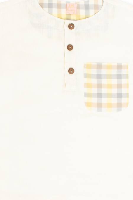 Little Luxury_Beige Linen Patchwork Checkered T-shirt And Pant Set _at_Aza_Fashions