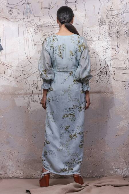 Shop Ekru Blue Chanderi, Silk Muslin V Neck Floral Print Wrap Dress at Aza Fashions Shop_Ekru_Blue Chanderi, Silk Muslin V Neck Floral Print Wrap Dress_at_Aza_Fashions