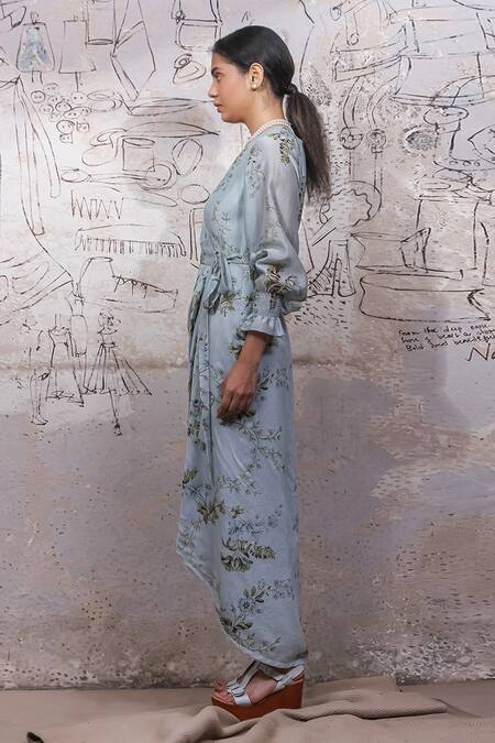 Ekru Blue Chanderi, Silk Muslin V Neck Floral Print Wrap Dress Online at Aza Fashions Ekru_Blue Chanderi, Silk Muslin V Neck Floral Print Wrap Dress_Online_at_Aza_Fashions