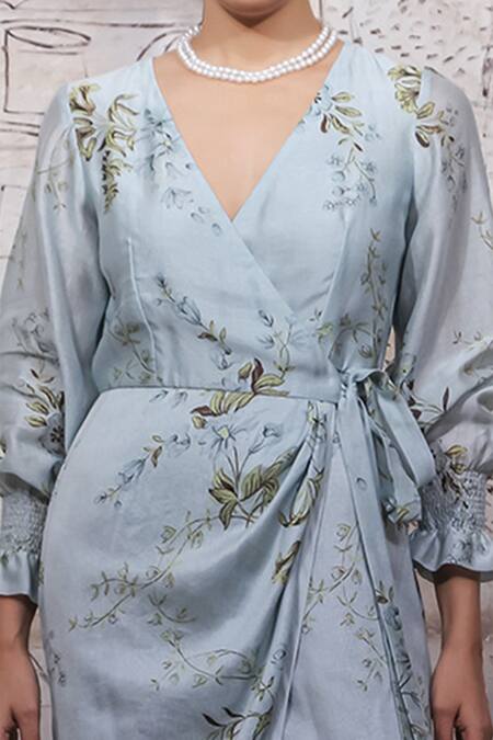 Buy Ekru Blue Chanderi, Silk Muslin V Neck Floral Print Wrap Dress Online at Aza Fashions Buy_Ekru_Blue Chanderi, Silk Muslin V Neck Floral Print Wrap Dress_Online_at_Aza_Fashions