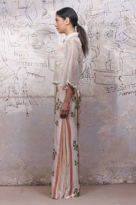 Ekru_White Organza, Chanderi, Linen Satin, Thin Kora Jacket Printed Jumpsuit With_Online_at_Aza_Fashions