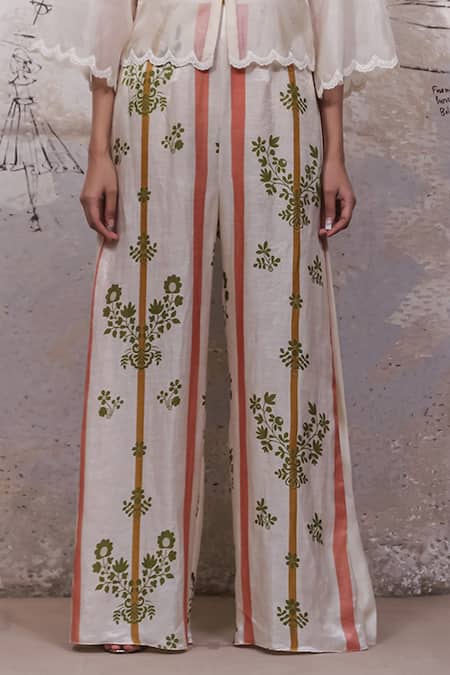 Buy_Ekru_White Organza, Chanderi, Linen Satin, Thin Kora Jacket Printed Jumpsuit With_Online_at_Aza_Fashions