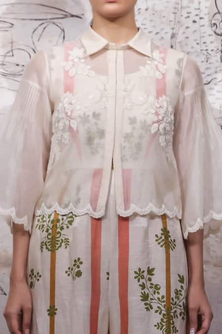 Shop_Ekru_White Organza, Chanderi, Linen Satin, Thin Kora Jacket Printed Jumpsuit With_Online_at_Aza_Fashions