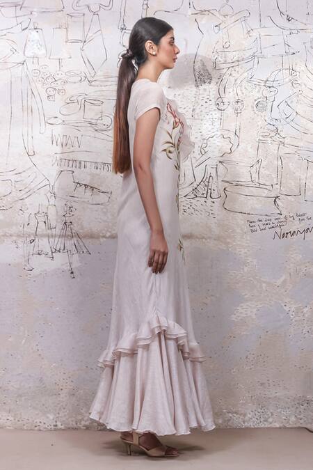 Ekru_White Organza, Noil, Silk Muslin Round Floral Print Ruffle Gown_Online_at_Aza_Fashions