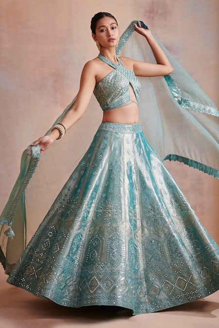 SUHINO Blue Organza, Tissue Mirror , Resham Halter Neck Lehenga Set