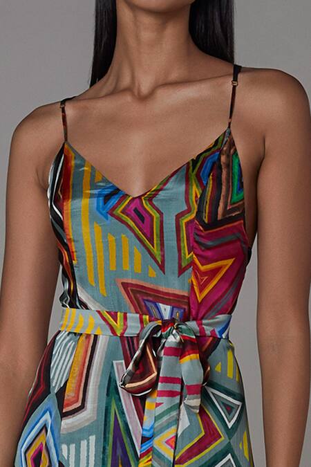 Saaksha & Kinni_Multi Color Satin Abstract Plunge V Neck Print Trail Gown_Online_at_Aza_Fashions