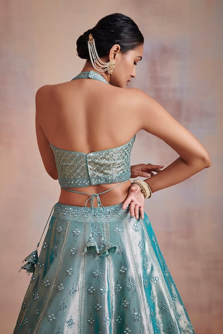 Shop SUHINO Blue Organza, Tissue Mirror , Resham Halter Neck Lehenga Set at Aza Fashions Shop_SUHINO_Blue Organza, Tissue Mirror , Resham Halter Neck Lehenga Set _at_Aza_Fashions