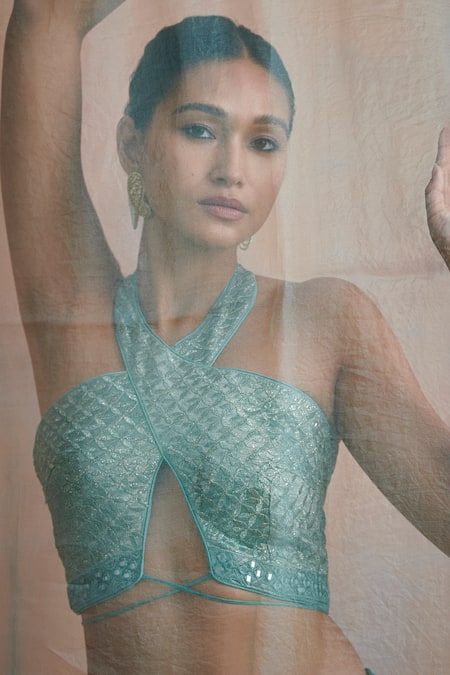 SUHINO Blue Organza, Tissue Mirror , Resham Halter Neck Lehenga Set Online at Aza Fashions SUHINO_Blue Organza, Tissue Mirror , Resham Halter Neck Lehenga Set _Online_at_Aza_Fashions