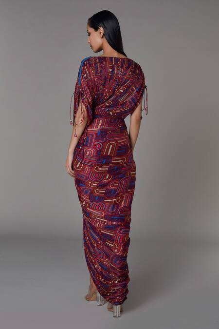 Shop Saaksha & Kinni Red Cotton Silk Semi Circle Motifs V Neck Printed Draped Saree at Aza Fashions Shop_Saaksha & Kinni_Red Cotton Silk Semi Circle Motifs V Neck Printed Draped Saree_at_Aza_Fashions