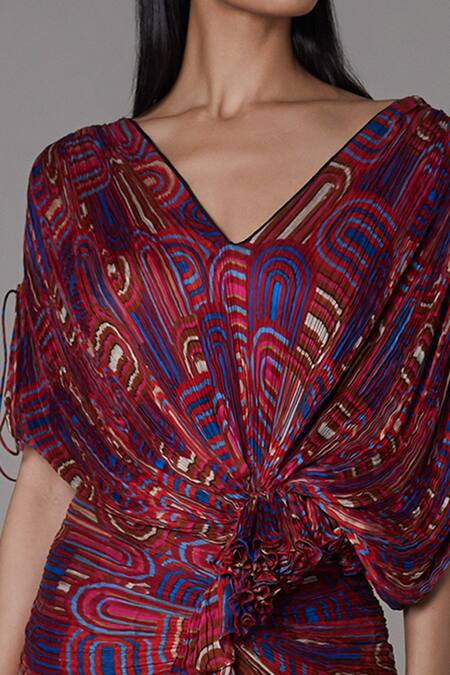 Saaksha & Kinni Red Cotton Silk Semi Circle Motifs V Neck Printed Draped Saree Online at Aza Fashions Saaksha & Kinni_Red Cotton Silk Semi Circle Motifs V Neck Printed Draped Saree_Online_at_Aza_Fashions