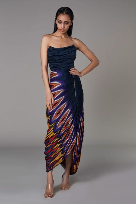 Saaksha & Kinni Blue Satin Printed Abstract Scoop Neck Pleated Dress