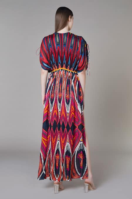 Shop_Saaksha & Kinni_Multi Color Cotton Silk Abstract Round Pleated Print Kaftan Dress _at_Aza_Fashions