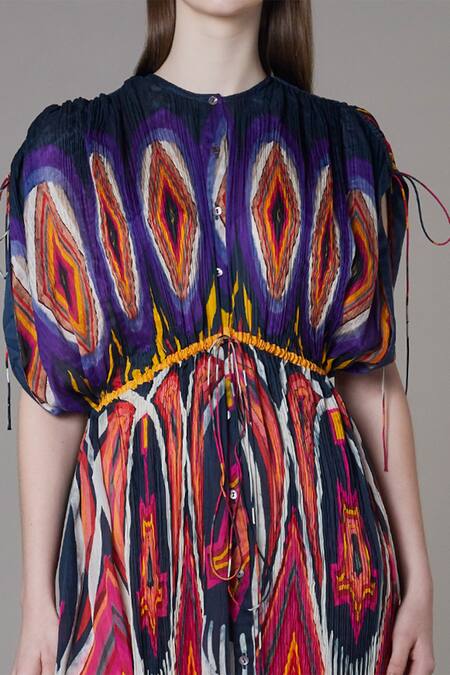 Saaksha & Kinni_Multi Color Cotton Silk Abstract Round Pleated Print Kaftan Dress _Online_at_Aza_Fashions
