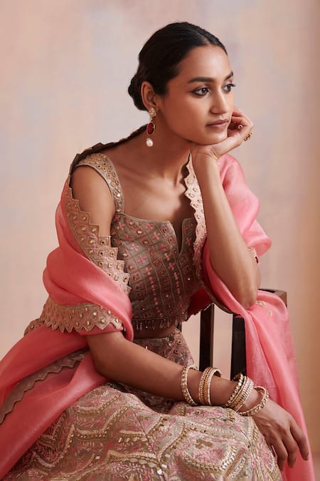 SUHINO_Beige Organza, Tissue Mirror , Resham Square Notched Bridal Lehenga Set _Online_at_Aza_Fashions