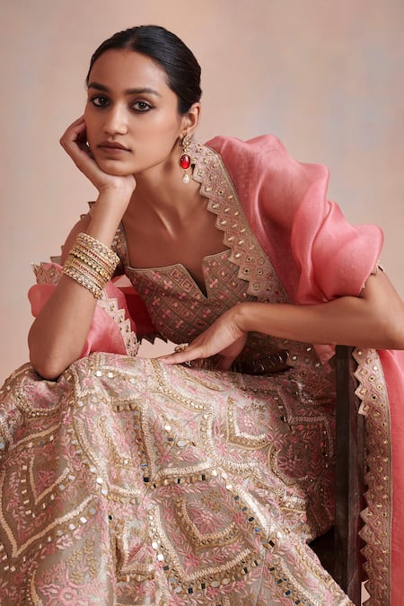 Buy_SUHINO_Beige Organza, Tissue Mirror , Resham Square Notched Bridal Lehenga Set _Online_at_Aza_Fashions