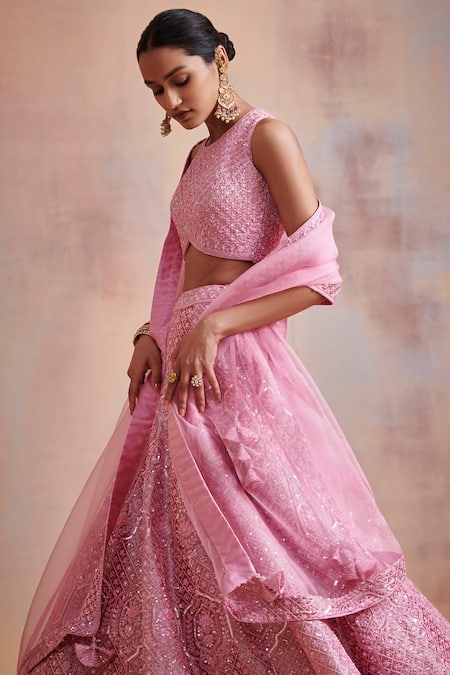 SUHINO Pink Organza, Tissue Dori Work, Resham Work, Sequins Round Bridal Lehenga Set Online at Aza Fashions SUHINO_Pink Organza, Tissue Dori Work, Resham Work, Sequins Round Bridal Lehenga Set _Online_at_Aza_Fashions