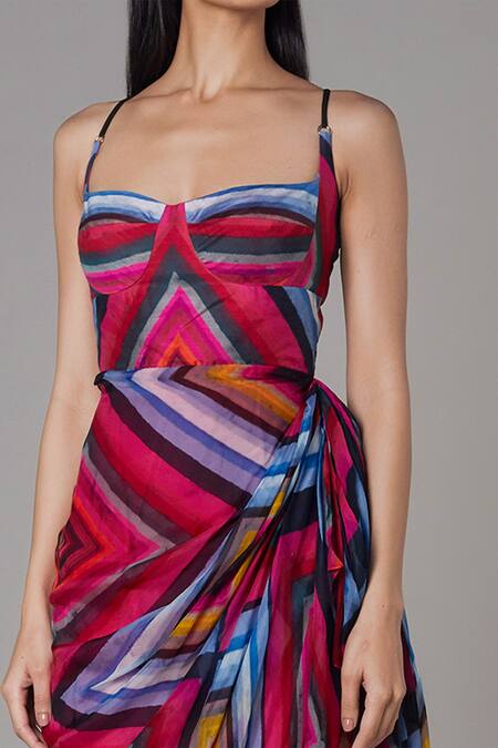 Saaksha & Kinni_Pink Chiffon, Satin, Cotton Silk Diamond Sweetheart Neck Print Dress_Online_at_Aza_Fashions