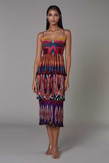 Saaksha & Kinni Multi Color Chiffon, Satin Abstract Sweetheart Neck Pleated Print Dress 1