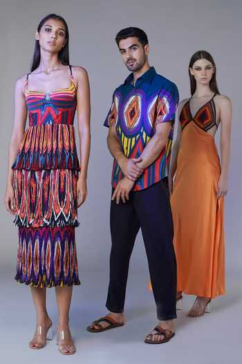 Saaksha & Kinni Multi Color Chiffon, Satin Abstract Sweetheart Neck Pleated Print Dress 3