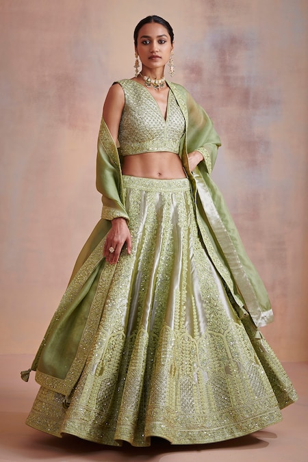 Suhino Green Tissue Embroidered Mirror Work V Neck Hand Bridal Lehenga Set 