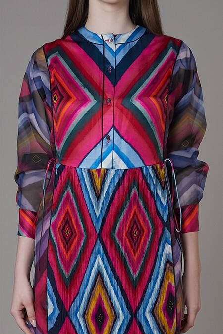 Saaksha & Kinni_Multi Color Chiffon, Cotton Silk Diamond Mandarin Print Organza Sleeve Dress_Online_at_Aza_Fashions
