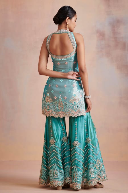 Shop_SUHINO_Blue Organza, Tissue, Slub Silk Mirror , Resham Embroidered Gharara Set _at_Aza_Fashions