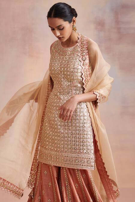 SUHINO_Orange Organza, Tissue, Slub Silk Mirror Work, Resham Embroidered Gharara Set _Online_at_Aza_Fashions