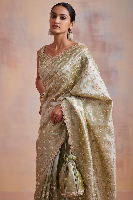 SUHINO_Green Cotton, Tissue Aari , Bead V Neck Saree With Blouse _Online_at_Aza_Fashions
