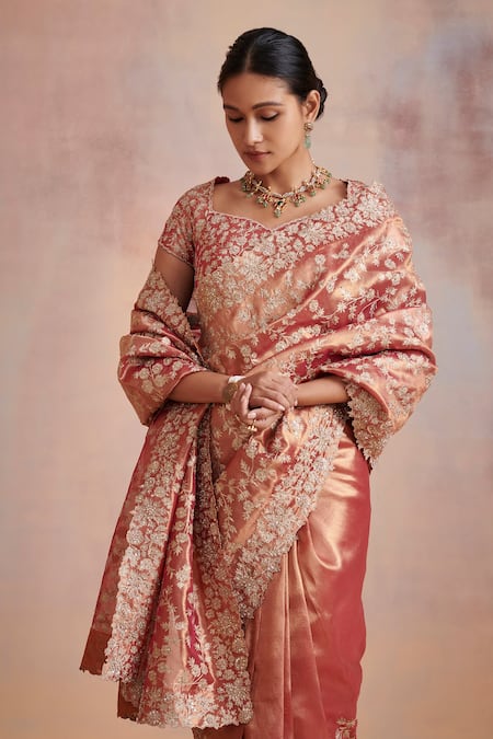 SUHINO_Orange Saree Pure Banarasi Organza Aari , Bead Jewel Neck Blouse Set _Online_at_Aza_Fashions