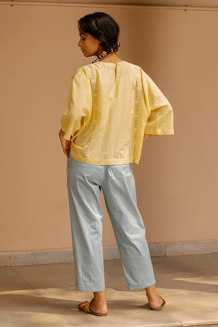 Shop Ayaka Yellow 100% Organic Cotton Dobby Made With Bamboo Fibres Floral Panelled Top at Aza Fashions Shop_Ayaka_Yellow 100% Organic Cotton Dobby Made With Bamboo Fibres Floral Panelled Top _at_Aza_Fashions