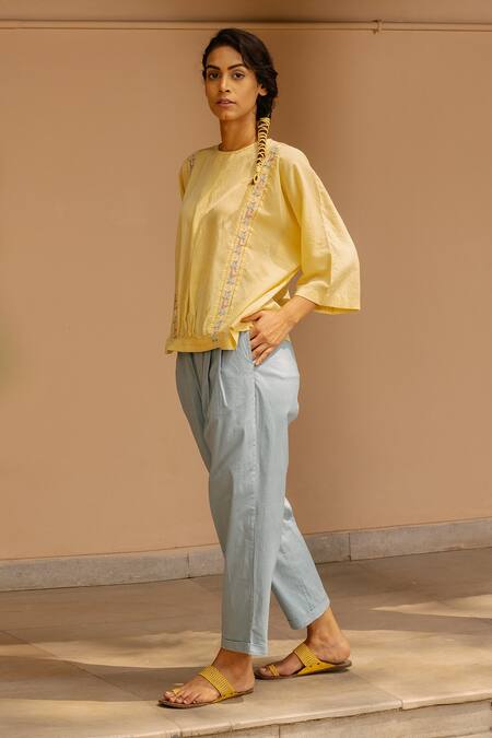 Ayaka Yellow 100% Organic Cotton Dobby Made With Bamboo Fibres Floral Panelled Top Online at Aza Fashions Ayaka_Yellow 100% Organic Cotton Dobby Made With Bamboo Fibres Floral Panelled Top _Online_at_Aza_Fashions