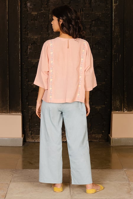 Shop Ayaka Pink 100% Organic Cotton Dobby Made With Bamboo Fibres Floral Round Panelled Top at Aza Fashions Shop_Ayaka_Pink 100% Organic Cotton Dobby Made With Bamboo Fibres Floral Round Panelled Top _at_Aza_Fashions