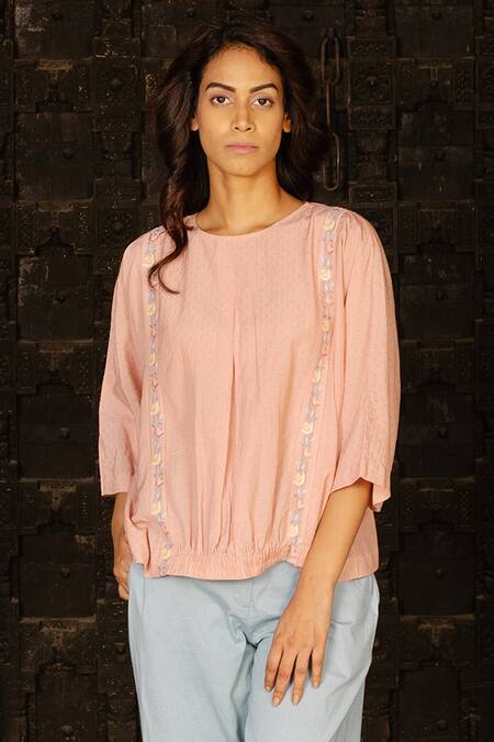 Ayaka Pink 100% Organic Cotton Dobby Made With Bamboo Fibres Floral Round Panelled Top Online at Aza Fashions Ayaka_Pink 100% Organic Cotton Dobby Made With Bamboo Fibres Floral Round Panelled Top _Online_at_Aza_Fashions