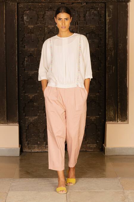 Buy Ayaka White 100% Organic Cotton Dobby Made With Bamboo Fibres Floral Round Neck Top Online at Aza Fashions Buy_Ayaka_White 100% Organic Cotton Dobby Made With Bamboo Fibres Floral Round Neck Top _Online_at_Aza_Fashions