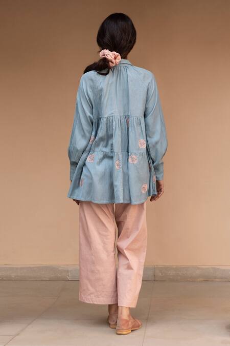 Shop Ayaka Blue 100% Organic Cotton Made With Soyabean Fibres Polka Dot Shirt Patchwork at Aza Fashions Shop_Ayaka_Blue 100% Organic Cotton Made With Soyabean Fibres Polka Dot Shirt Patchwork _at_Aza_Fashions