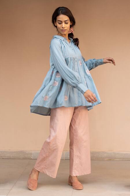 Ayaka Blue 100% Organic Cotton Made With Soyabean Fibres Polka Dot Shirt Patchwork Online at Aza Fashions Ayaka_Blue 100% Organic Cotton Made With Soyabean Fibres Polka Dot Shirt Patchwork _Online_at_Aza_Fashions