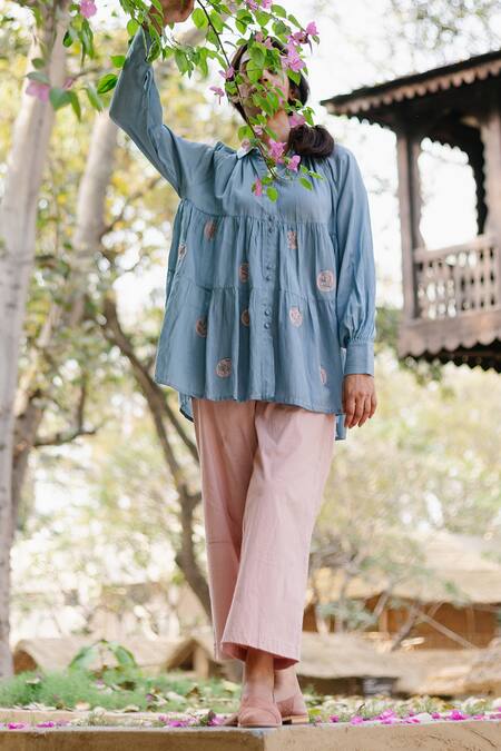 Buy Ayaka Blue 100% Organic Cotton Made With Soyabean Fibres Polka Dot Shirt Patchwork Online at Aza Fashions Buy_Ayaka_Blue 100% Organic Cotton Made With Soyabean Fibres Polka Dot Shirt Patchwork _Online_at_Aza_Fashions